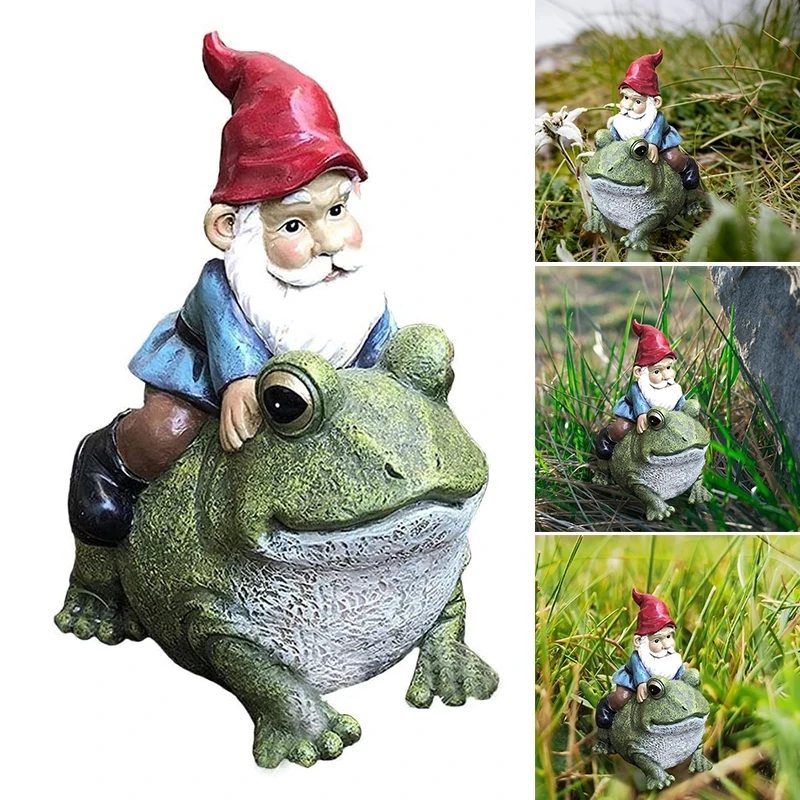 
Dropshipping Garden Figurines Outdoor Decoration Yard Sculpture Resin Gnome Sitting On Frog Statue 