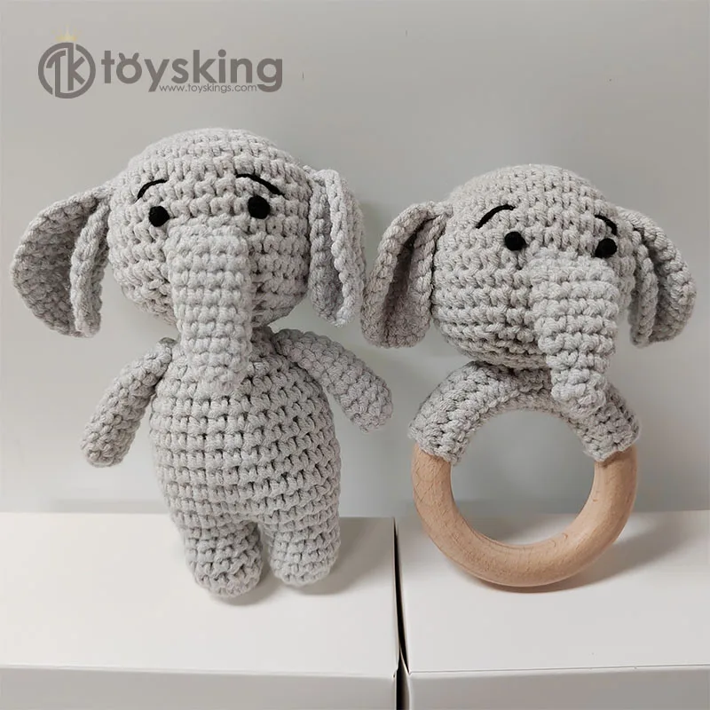 Manufacturer Low Moq Handmade Crochet Elephant Bunny Wooden Ring Teething Toy For Boys Girls