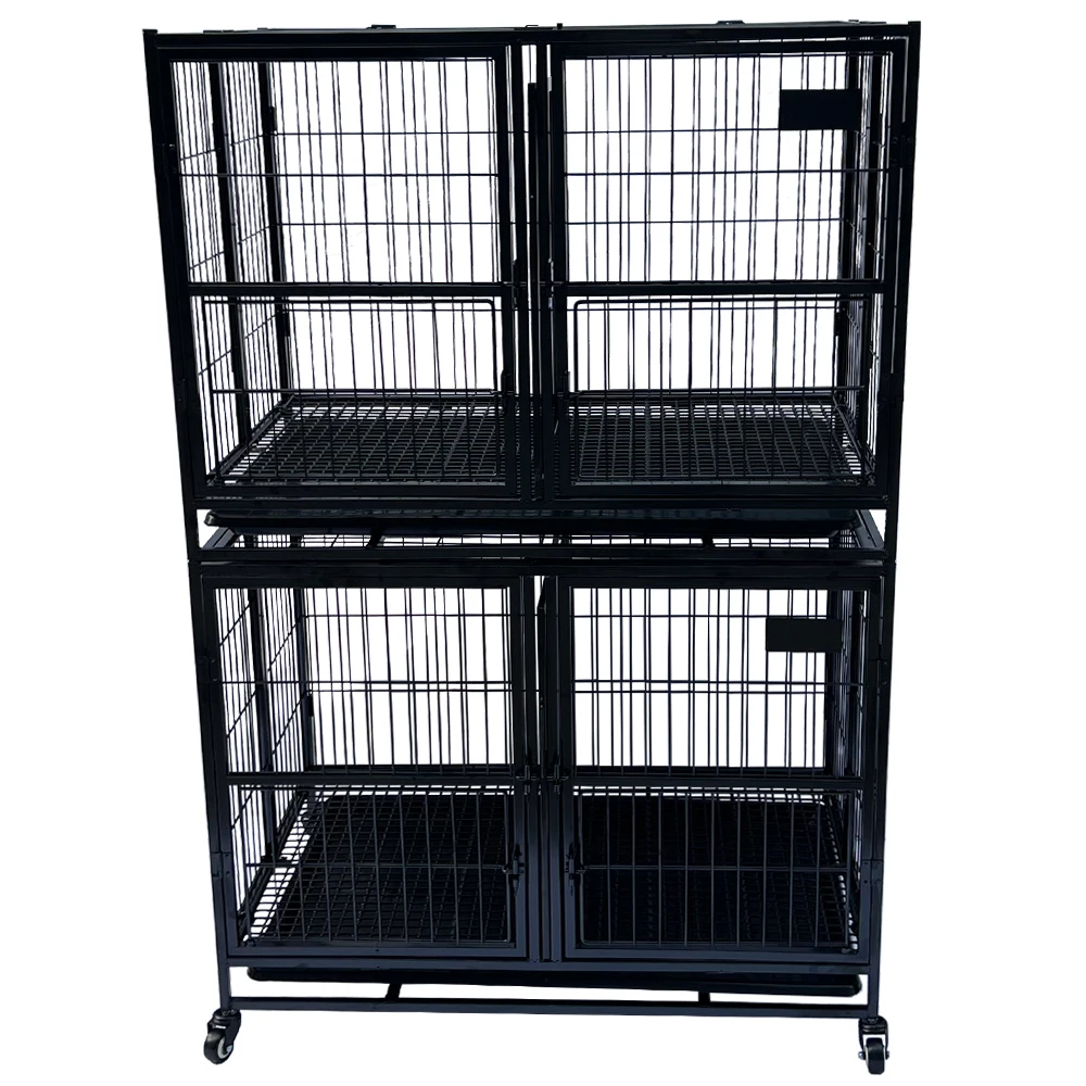 Easy to Assemble Stackable Metal Pet Cages Dog Kennel With Wheels Dog Cages  Crates with Floor Grid,Casters and Tray
