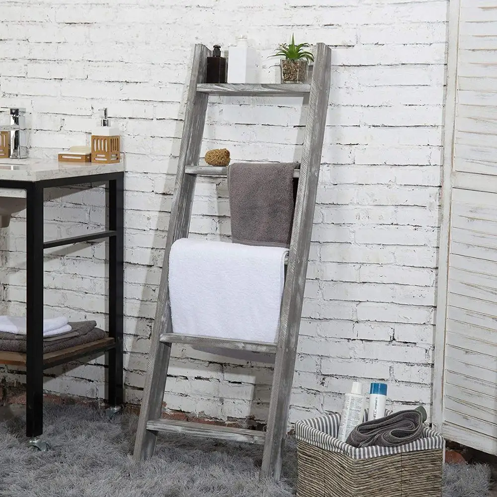 
Leaning Rustic Gray with White Wood Ladder-Style Blanket Rack 