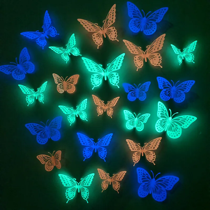 Ychon 3D Wall Decoration Glowing Butterfly Hollow Out Sticker Beautifying Decorations for Home Living room Supplies