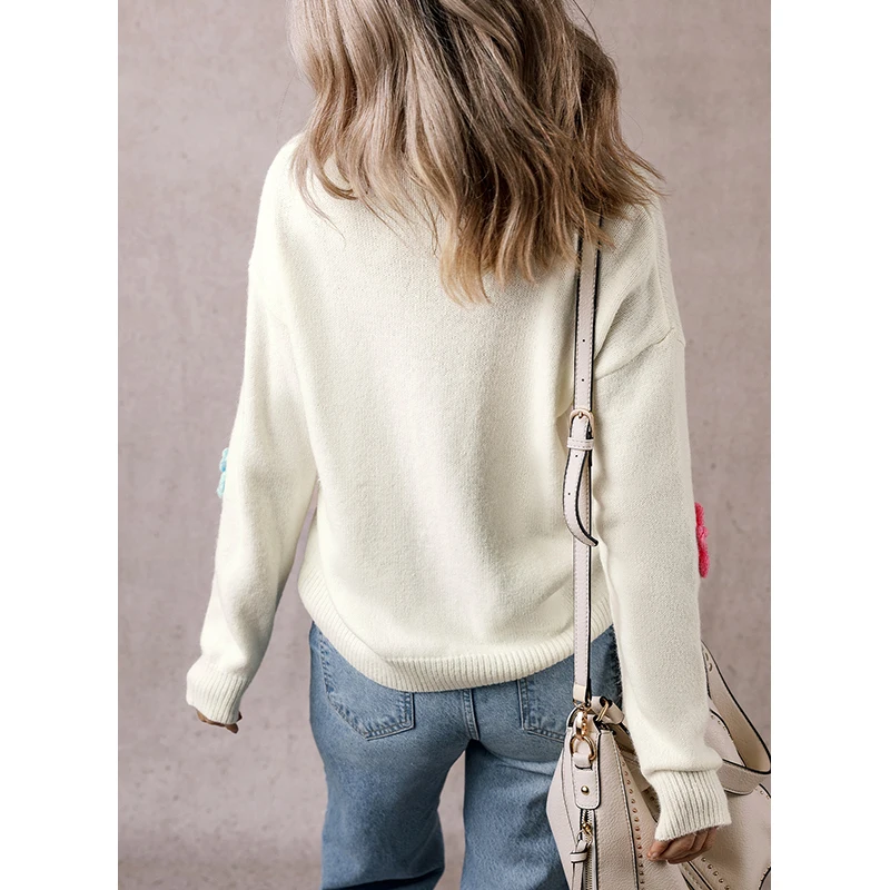 Dear-Lover Wholesale Women Clothing Manufacturers Crochet Flower Knitted V Neck Women Sweater