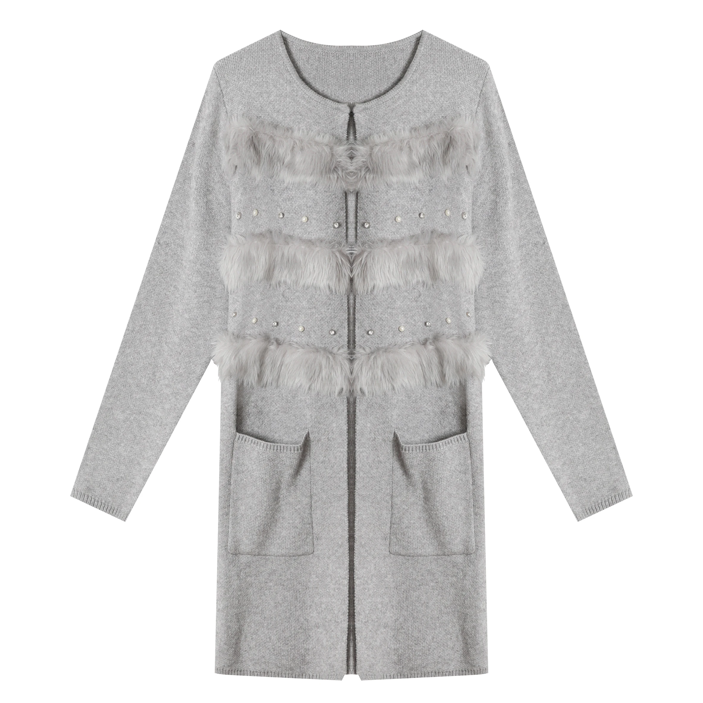 
korean high quality ins style casual simple long sleeve knitted faux fur striped sweaters cardigan with pockets 