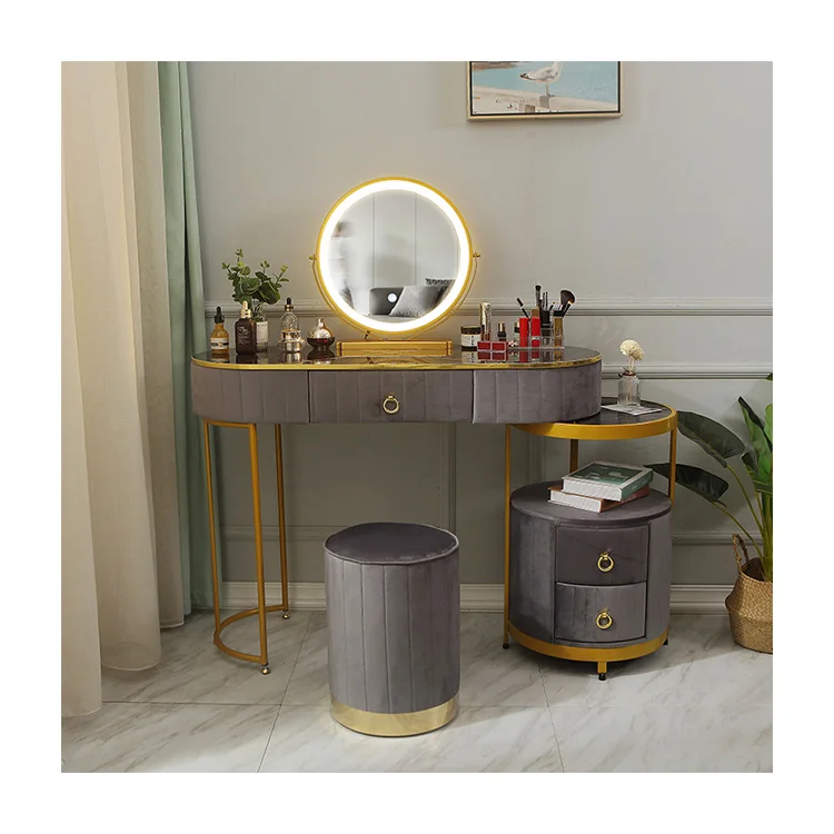 led light smart mirror make up furniture dressing table velvet Soft and skin-friendly vanity makeup table with stool