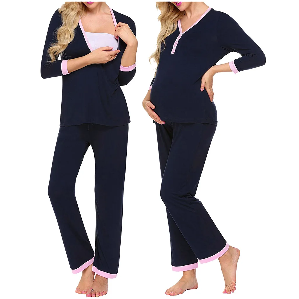 
2021 Solid Loose Plus Size Breastfeed Pregnant Women Shirts Fall Adjustable Pants Pajamas Sets 3 / 4 Sleeve Maternity Clothes 
