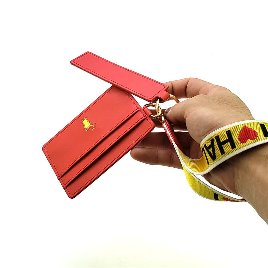 Custom logo PU leather credit/name card holder with wrist strap