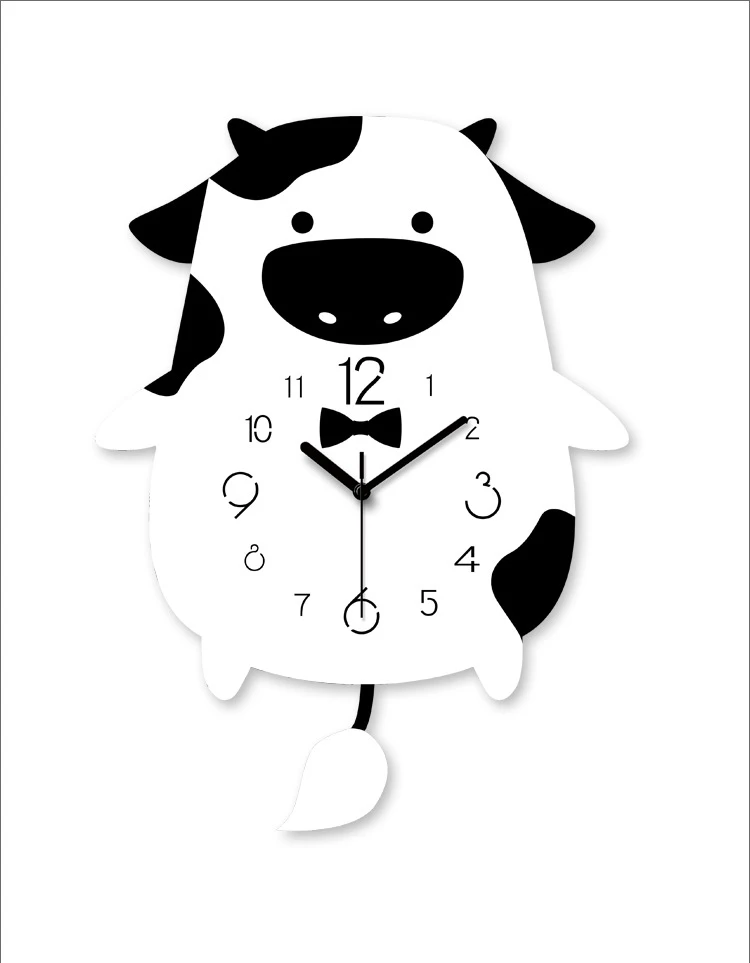 acrylic modern pendulum cartoon wall clock pictures 12 inch home decoration silent cute animal cow bed room hanging watch