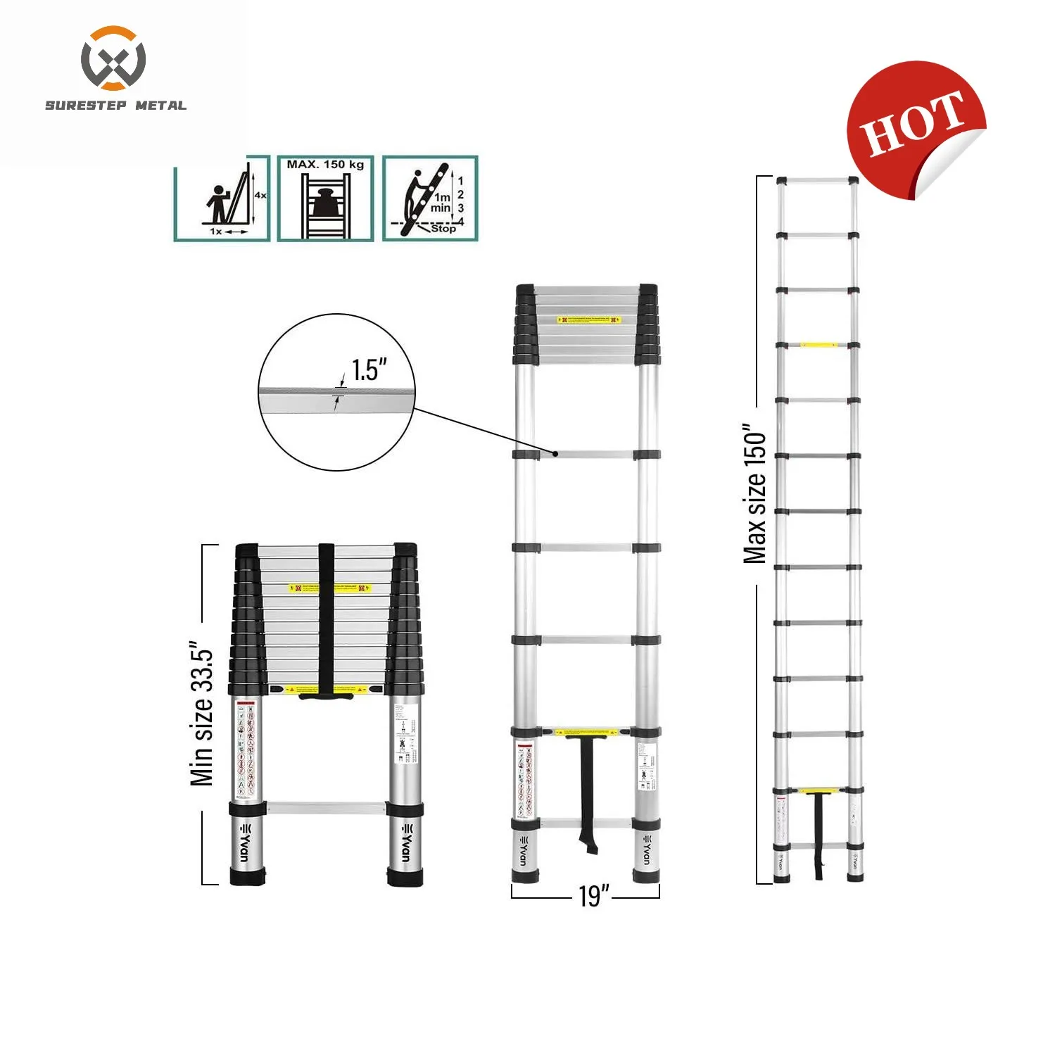 Adjustable Aluminum Telescopic ladder Max loading 150kg EN131