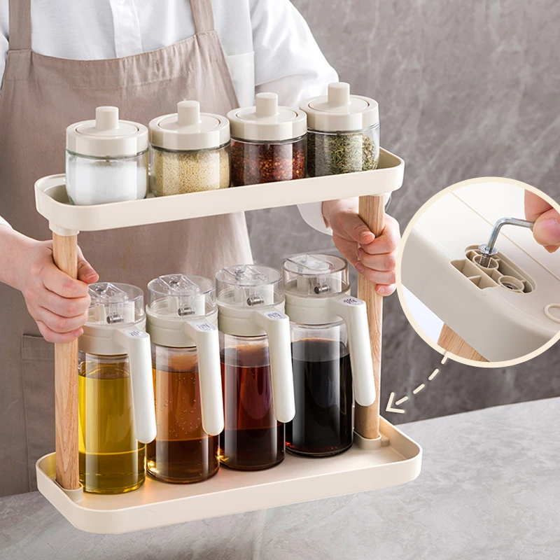 Kitchen spice storage jars set oil glass bottle condiments storage wooden holders rack organizer for kitchen