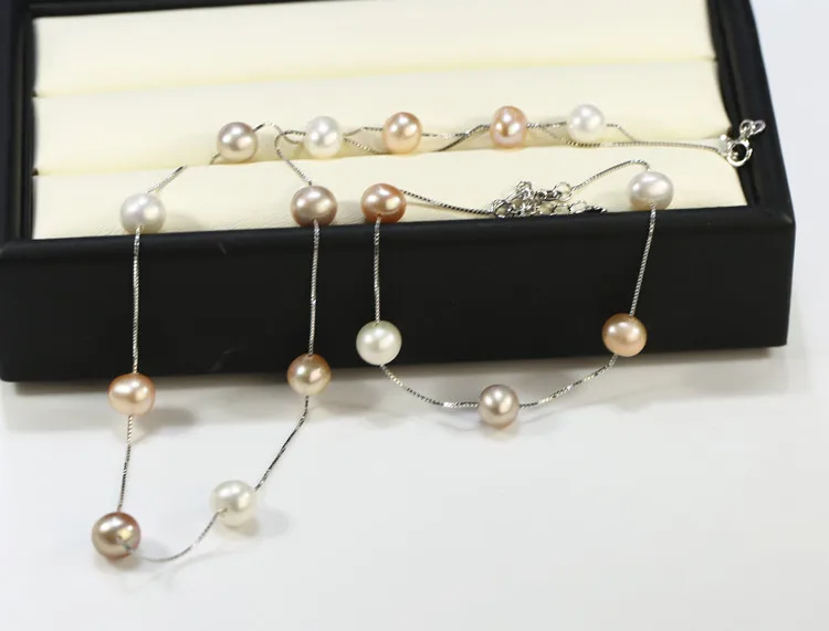 6mm Round Multi Color S925 Silver Chain Freshwater Natural Pearl Jewelry Set