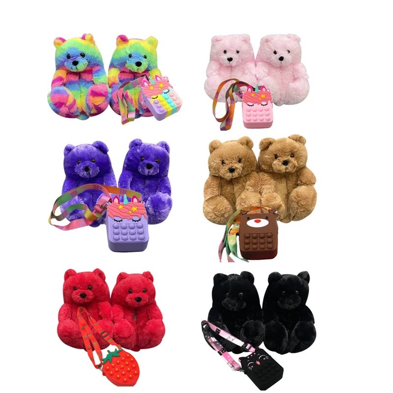 Silicone Popit Kids Bag  & Teddy Bear Matching Slippers Set Children Kids House Shoes Coin Purse and Handbags