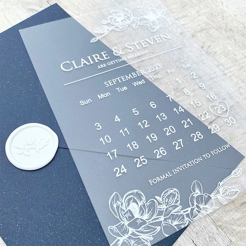Chinese Factory Custom Pvc Wedding Card White Acrylic Save The Dates Invitation Floral Transparent Card