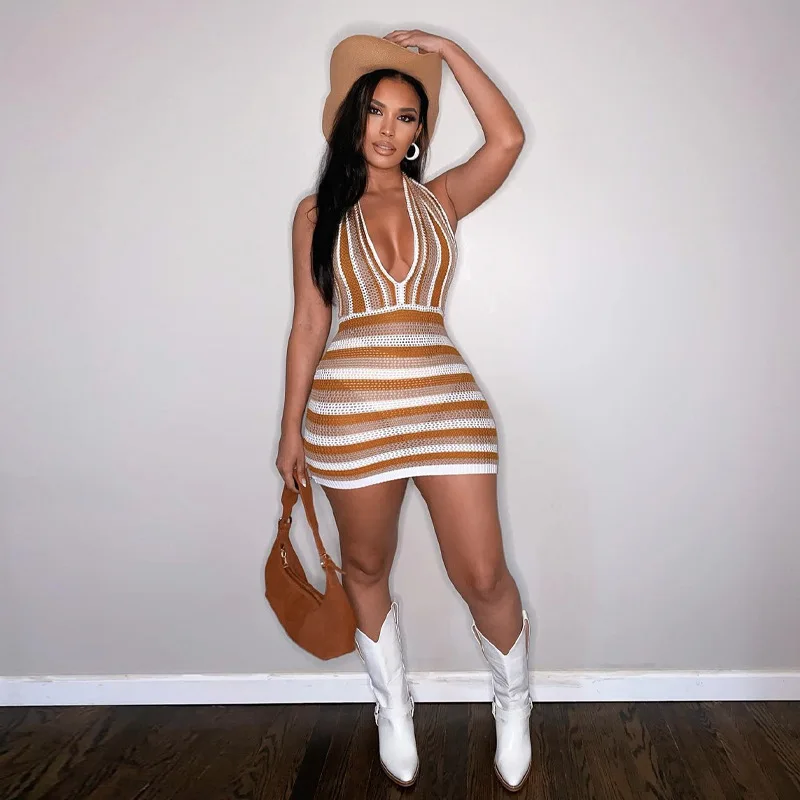 Crochet Knitted Sexy Y2K Clothes V-Neck Backless Halter Bodycon Stripe Mini Dresses For Women 2022 Outfit Club Party