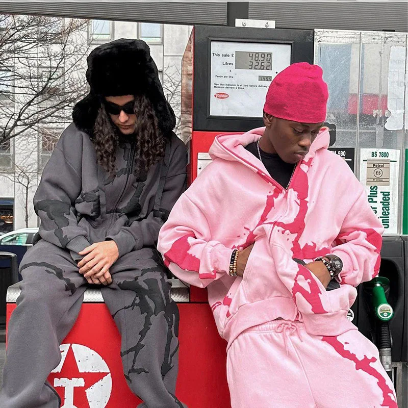 High Quality Custom Puff Print Pullover Hoodies Set Hip-Hop Zip Hoodie Jacket Jogger Pants Tracksuits Two Piece Set 3D Printing