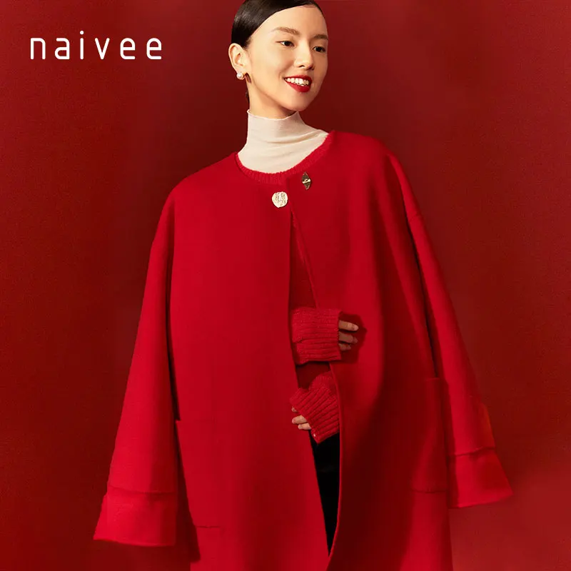 
naivee New Year Series premium pure wool double faced long coats round collar for women ladies loose 