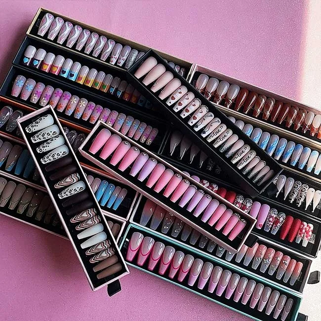 Naixi 2023 Hot Sell Free Samples Nails Press on Ballerina Acrylic Nails Diamond Custom Medium Coffin French 24pcs/Box Blind Box