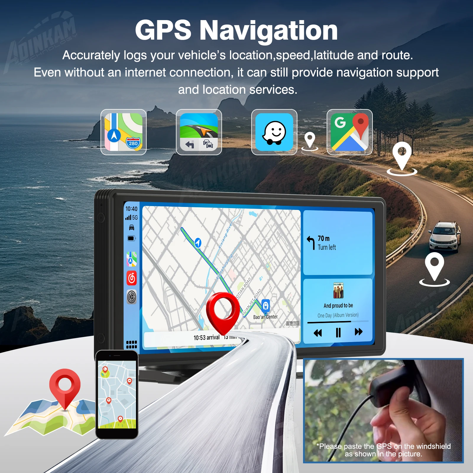 ADINKAM Universal Portable 10.26 Inch Car Stereo Carplay Android Auto Car Stereo DVD Degree Rotation Player Car Radio