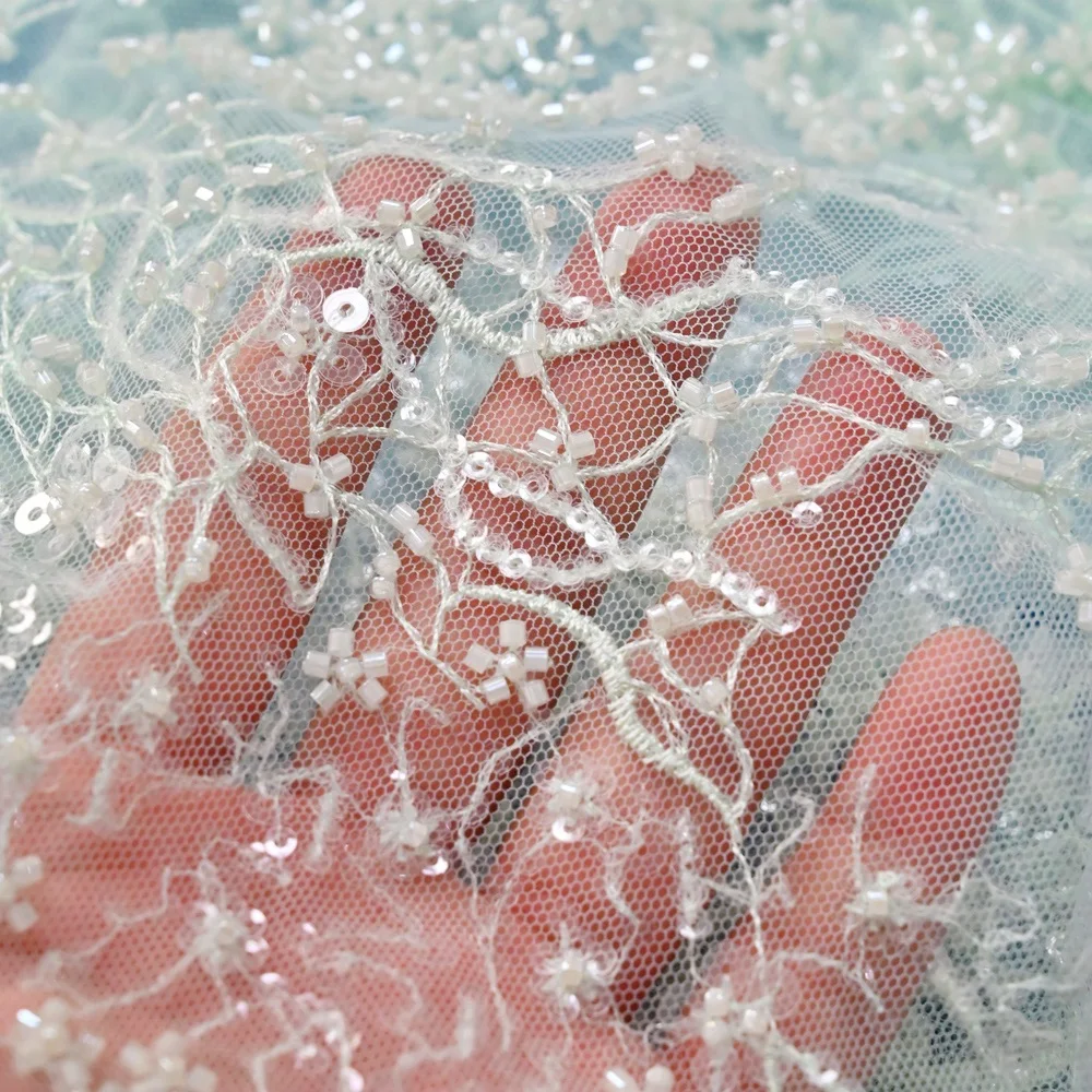 Green sequins embroidery tulle lace fabric