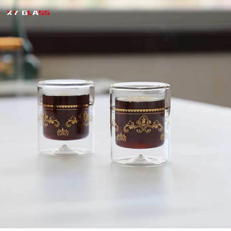 custom golden logo handmade double wall thermo glass coffee beverage tea mug