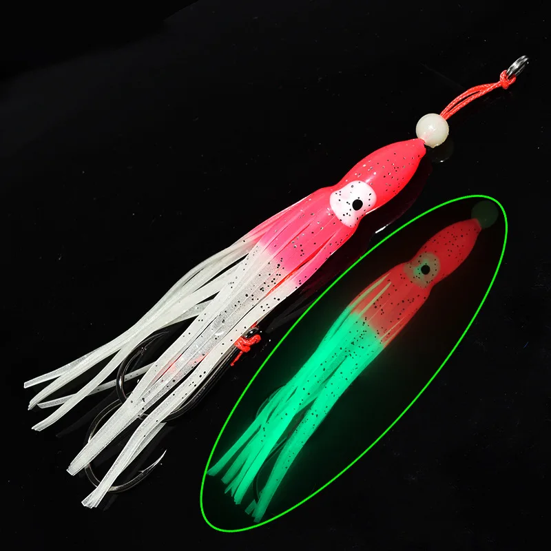New arrival 120mm soft Fishing trolling Rubber Luminous Octopus Skirt sea fishing Glow Squid Skirt Lure with double hooks