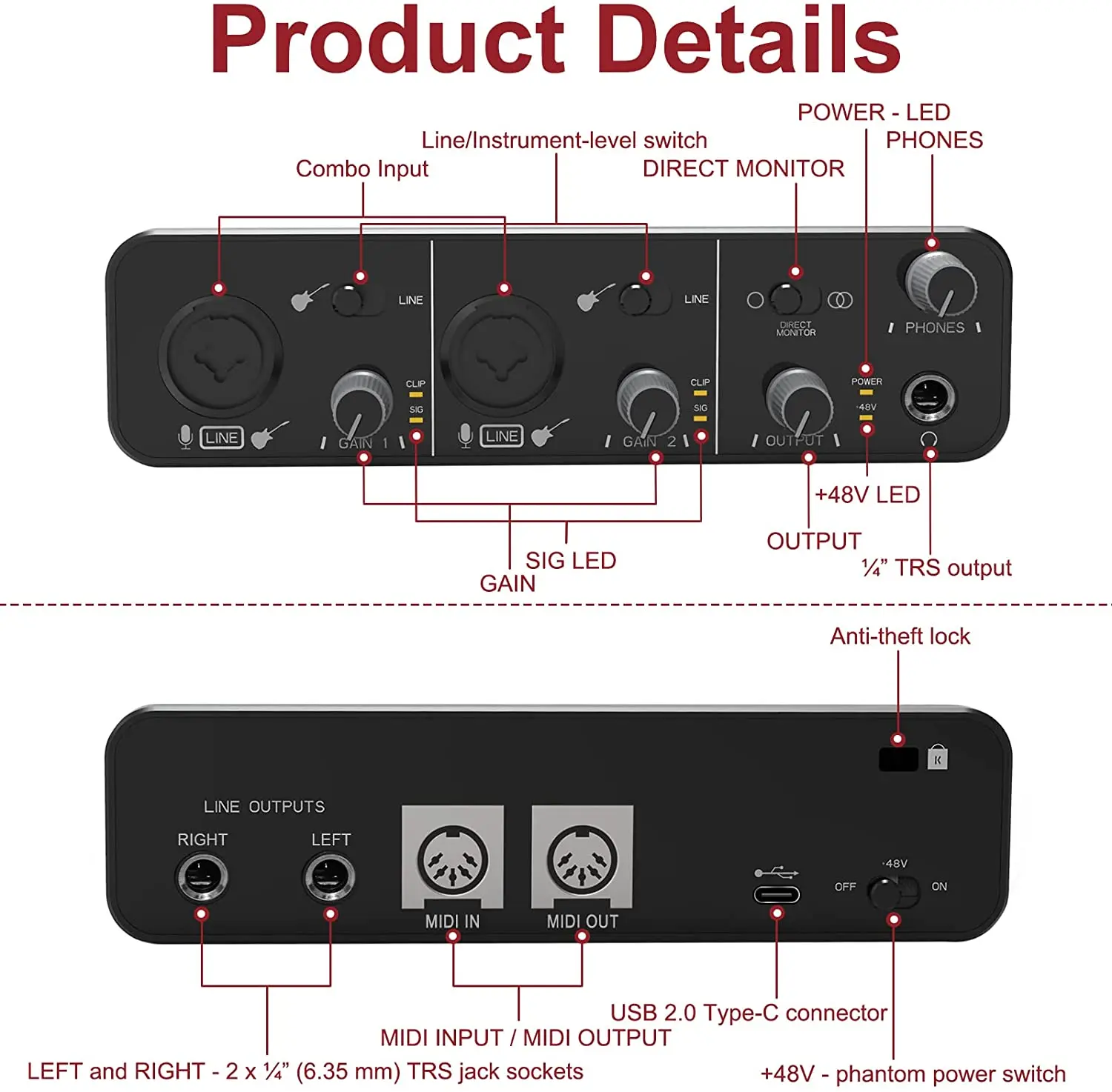 192 кГц/24 бит 48 В фантомное питание USB аудио интерфейс с MIIDI 2i2 Studio Внешняя Звуковая карта для записи подкастов MIDI