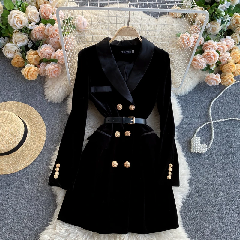 Long Sleeve Notched Collar Solid A-Line Dress Autumn Simple Velvet Mini Dress Ladies Casual Dress Clothes Women Wholesale