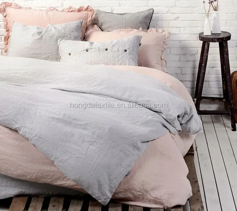 French Linen 100% Stone Washed Flax Printed King/Queen Size Comforter Set Wool Woven Technique Home Use Bed Sheets Plant