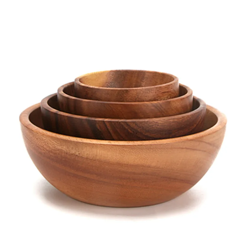 Logo engravable eco rustic natural acacia wood kids food rice rice dinnerware salad dough bowls