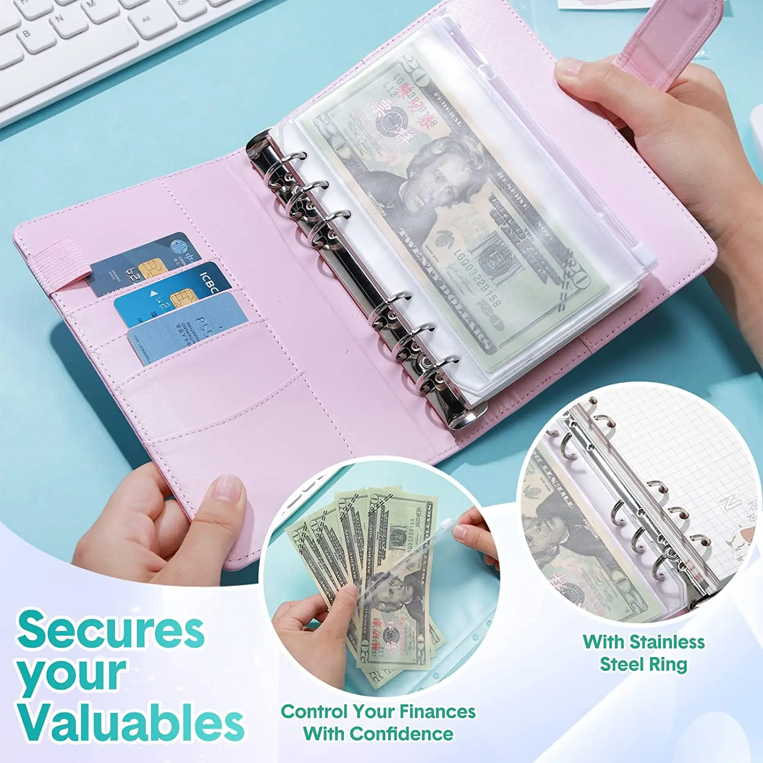 Custom A6 PU Leather Budget Binder with 12PCS A6 Binder Pockets 6 Ring Binder Loose Leaf Bags Cash Budget Envelopes