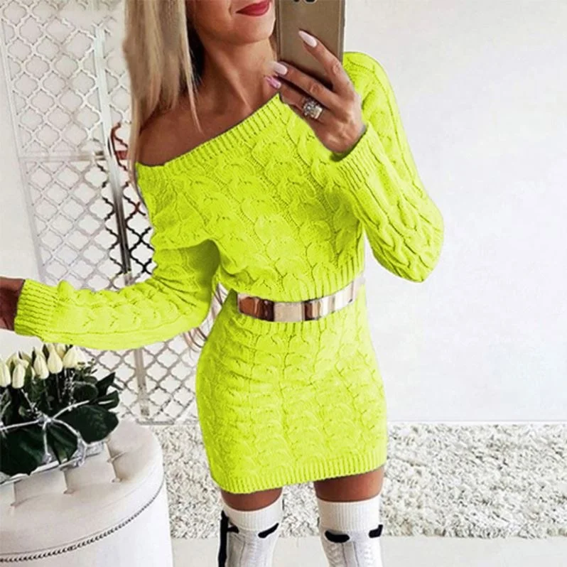 MOQ 1PC Twist Neon Knitwear Women Dresses Long Sleeve Solid Fashion Autumn Dress Basic Slim 2019 Winter Casual Femme Dresses