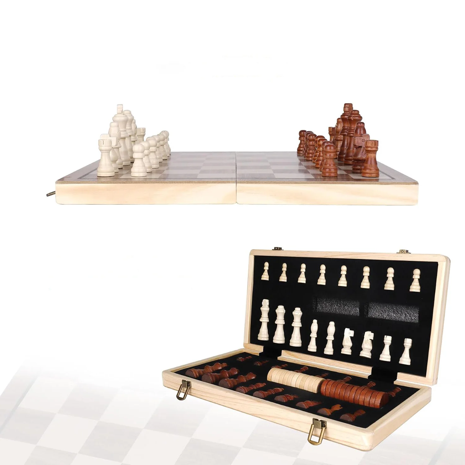 Foldable Wooden Chess Set Board Chess Checkers Set with 2 Extra Queens Wooden Chess Sets