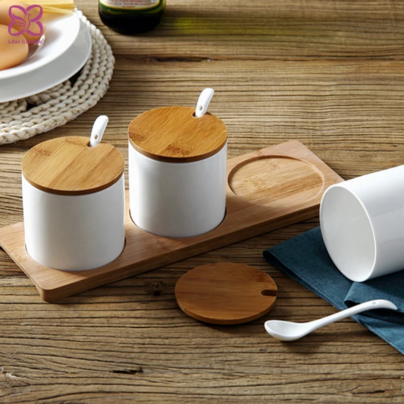 3pcs/set Ceramic Seasoning Jar with Lid and Spoon Porcelain Storage Seasoning Pot Can Kitchen Accessories Amazon Hot Sell