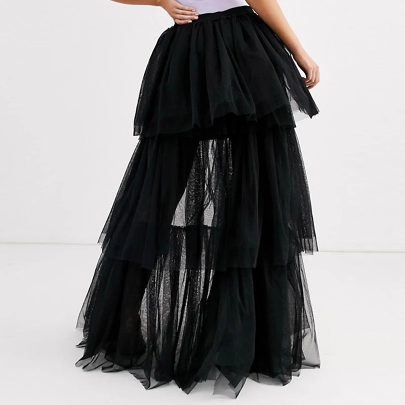 Womens Summer Solid Lightweight Tulle Tiered Elastic Waist Elegant Prom Maxi Skirt