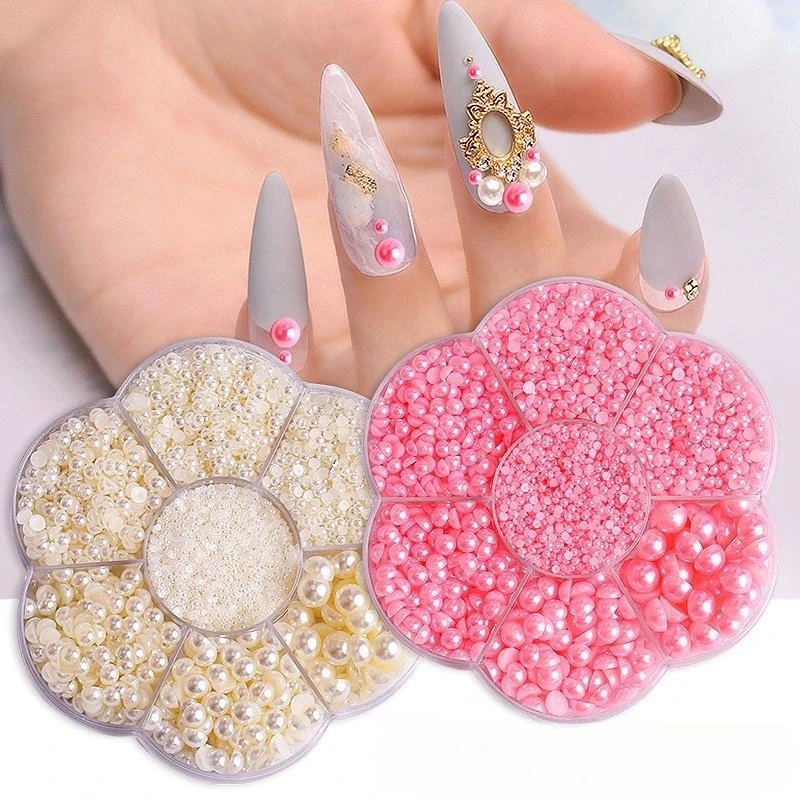 Hot sale 7 grid pearl nail decoration DIY mixed size 5600 pieces/box half round pearl nail art 3d nail charm decoration