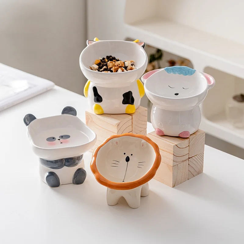 Custom Cute Ceramic Pet Dinnerware Dog and Cat Elevated Bowl Tilted Dishes Animal Shaped Raised Cat Food Bowls On Stand
