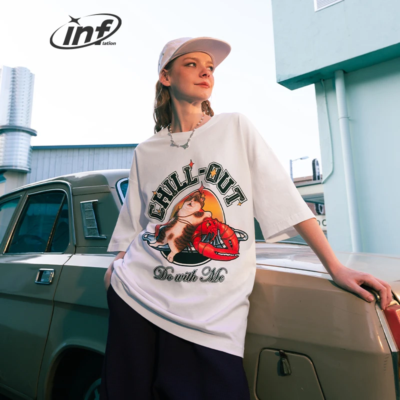 INFLATION 210G Hand-draw Funny Cat Printed Tshirt Men 16S Plus Size T-shirt