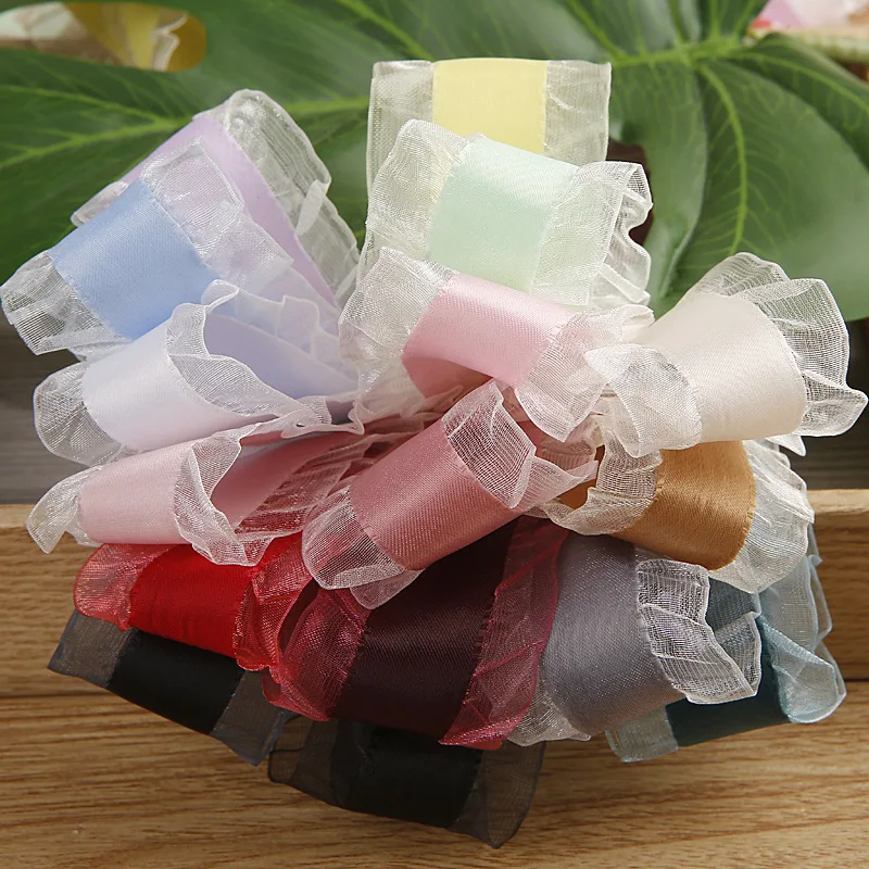Wholesale High Quality Double Ruffle Organza Edge Satin Ribbon Fancy Personalised Ribbons For Headwear Bows