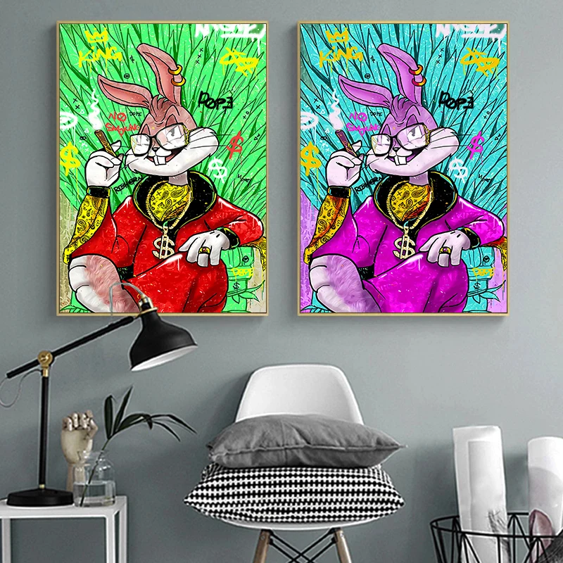 Cool Bucktooth Rabbit Cartoon Graffiti pop Wall Art Pictures and posters Print on Canvas Oil Painting For home kids room decor