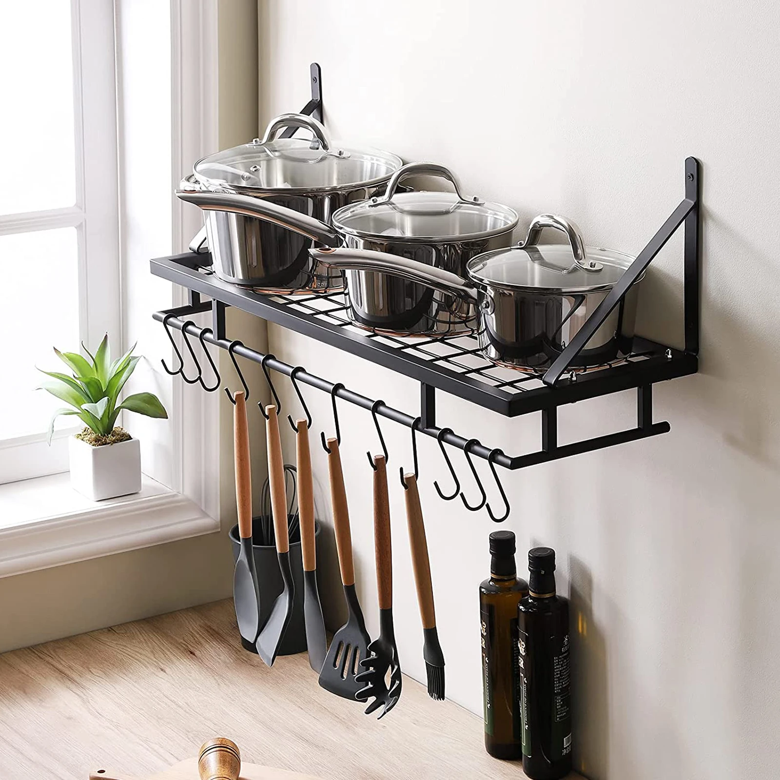 Kitchen Pan Pot Rack Wall Mounted Hanging Storage Organizer Wall Shelf with 12 Hooks Matte Black
