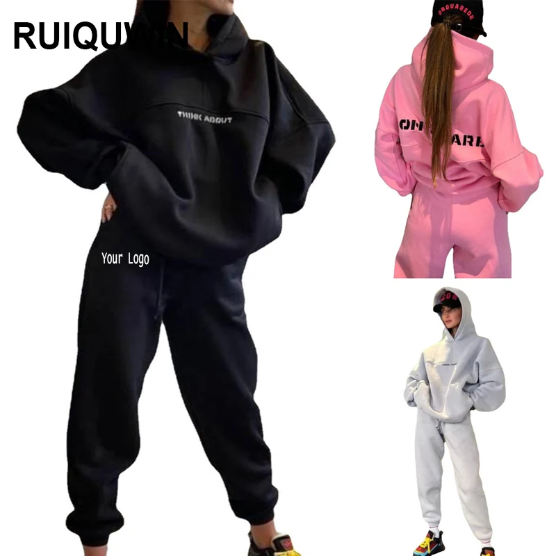 RUIQUWIN Custom Logo Blank Women Two Piece Set Heavyweight Cotton Hoodie And Pants Workout Sets For Women