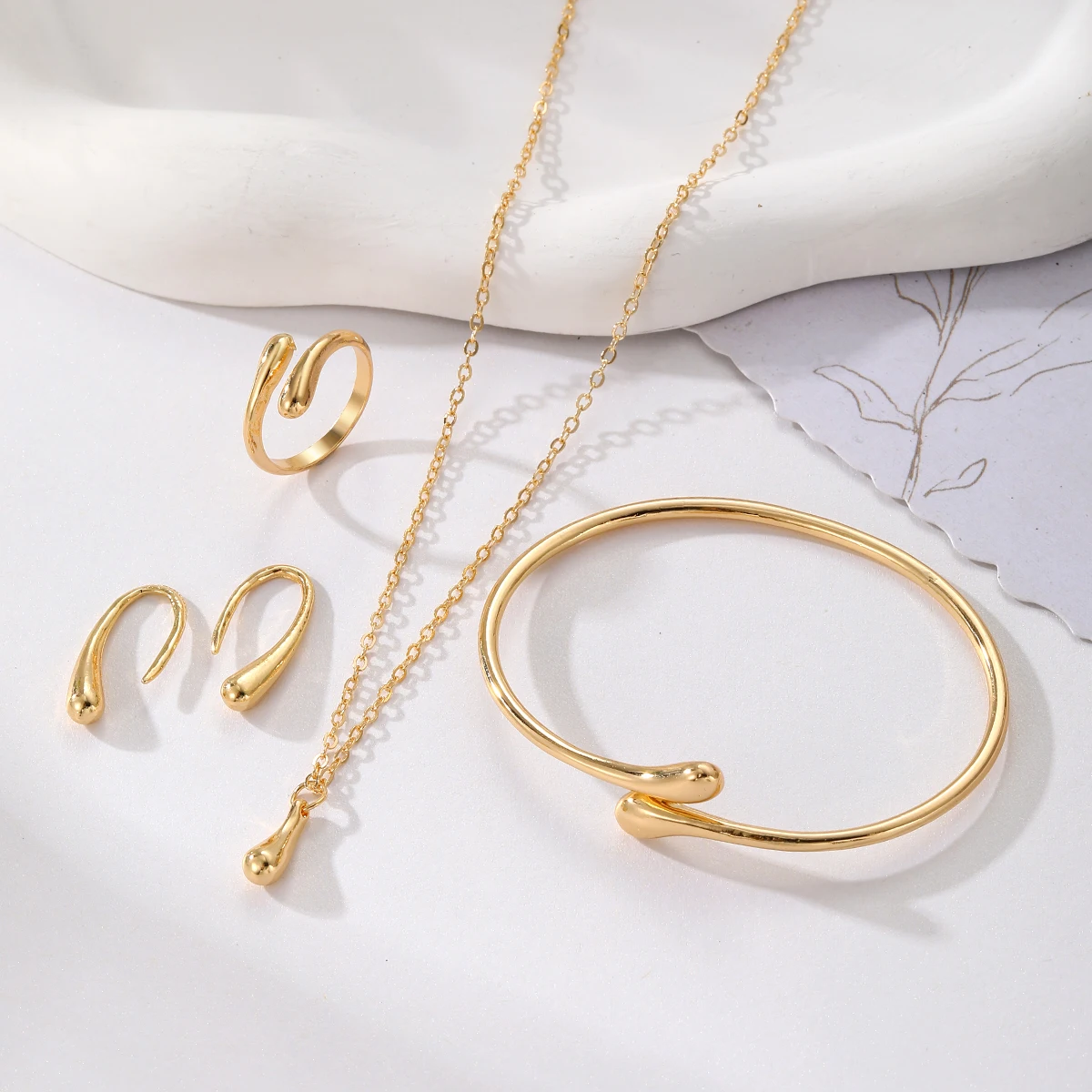 KISSWIFE Adjustable Elegant Water Drop Jewelry Set Alloy Necklace Bracelet Earrings Ring Set for Women