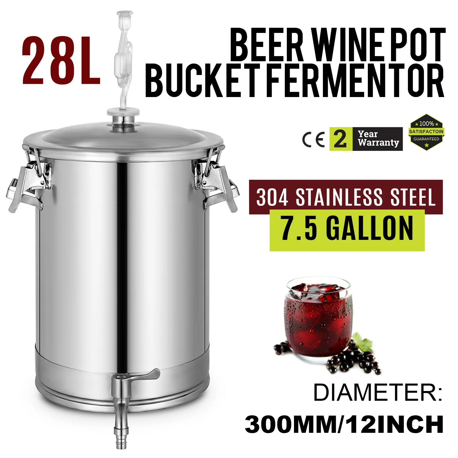 
28L Brewing Wine Stainless Bucket Beer Fermentor 7.5 Gallon Conical Bottom Fermenter 