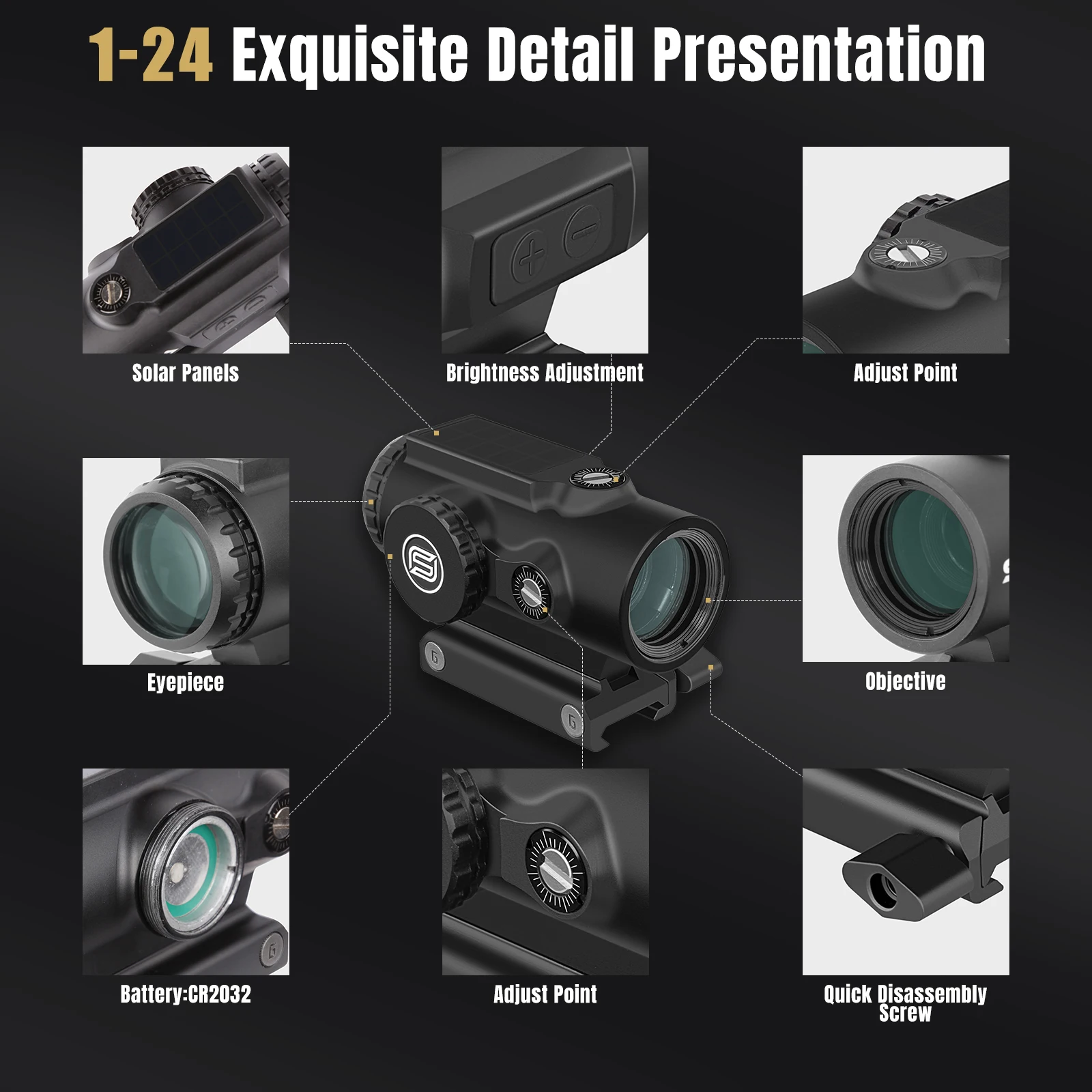 1x24 IPX7 FMC Waterproof Red Green Dot Sight Solar Hunting 1x Tactical Prism Scope