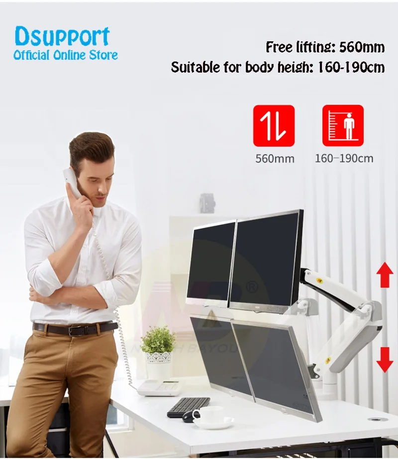 F195A Aluminum Alloy 22-32 inch Dual LCD LED Monitor Mount Gas Spring Arm Full Motion Monitor Holder Support with 2 USB Ports