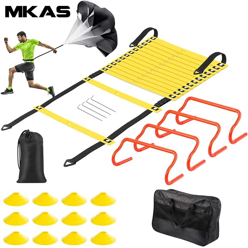 MKAS Football Soccer Speed Training Equipment Set Agility Ladder 12 Soccer Cones 4 Hurdles Running Parachute Agility Ladder