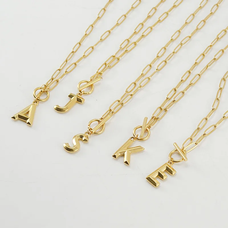 Fashion Letter Necklace Jewelry Paper Clip Chain OT Buckle 26 Initial Necklace 18k Gold Plated Stainless Steel Necklace
