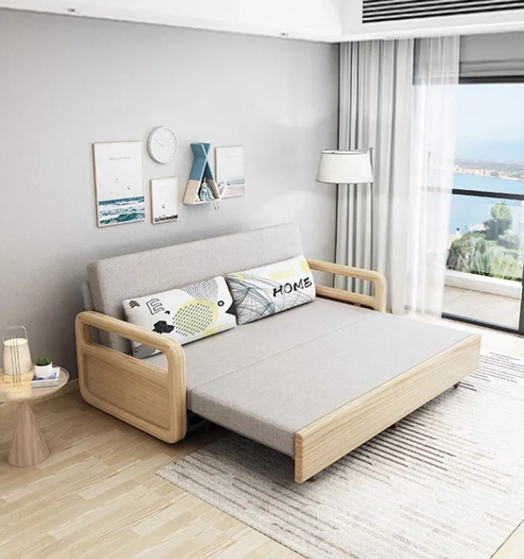 Living room furniture, wooden double sofa bed, pull-out sofa bed with storage cabinet