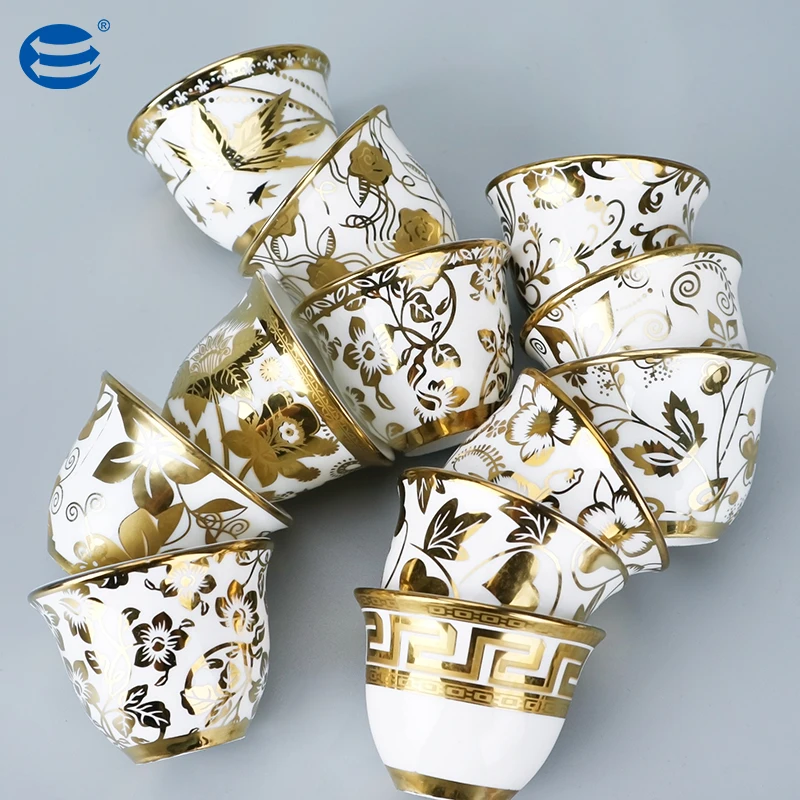 Luxury Gift Small Coffee Tea Cups 12PCs White Arabic Ceramic Espress Coffee Cawa Cups With Gold Rim Tea Cup Sets