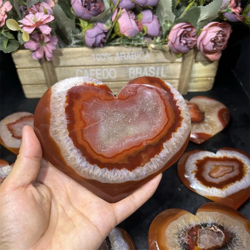 Wholesale Red Agate Gem Stone Hand Carved Polished Carnelian Druzy Geode Heart For Ornament