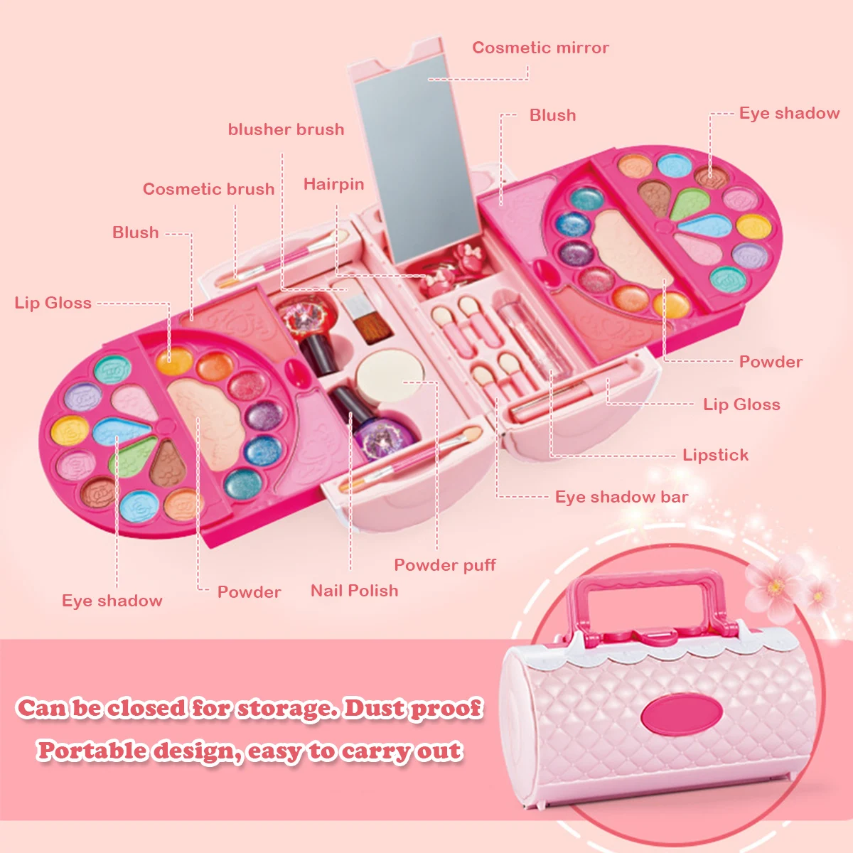 Girls Cosmetics Makeup Pretend Toy Kit Portable Make Up Washable Play Makeup Toys for Children Kids Christmas Gift Toys